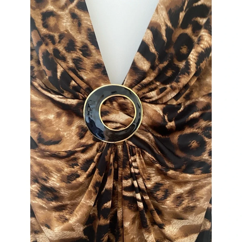 Joseph Ribkoff Leopard Print Sheath Dress Sz 6 Ring Detail V-Neck Open Back Y2K - Picture 2 of 6